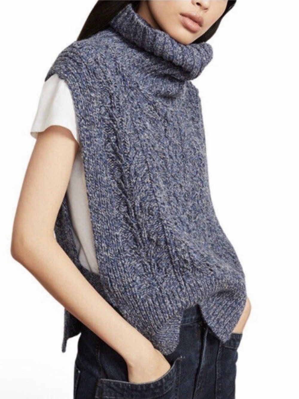 Veronica Beard Blue Cable-Knit Sleeveless Turtleneck Vest